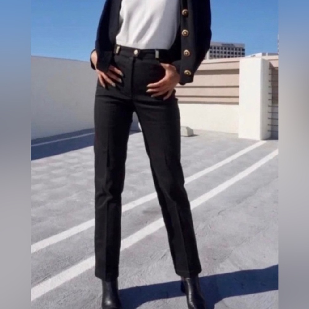 St. John Sport Marie Gray Trousers Straight Leg Denim Black Gold Buckle - Picture 3 of 7